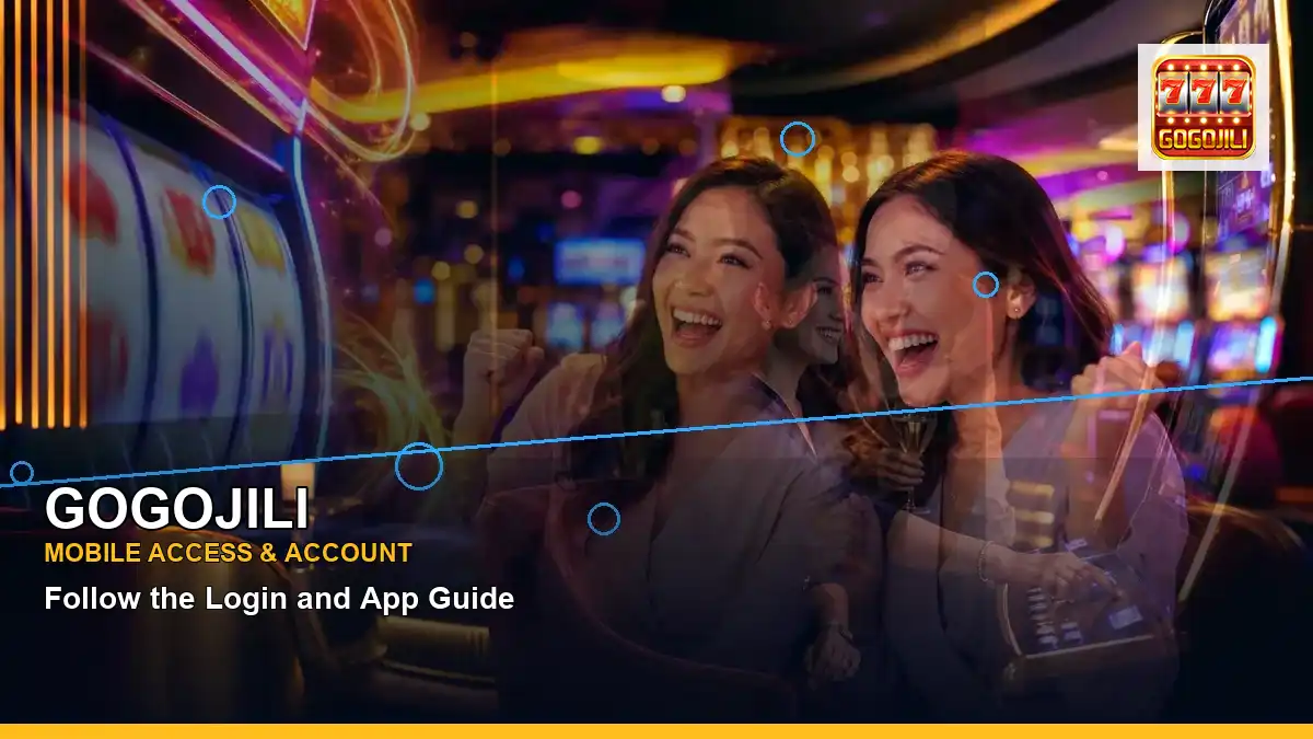 GOGOJILI mobile casino app featuring an adult Filipina casino host with a panoramic reel composition